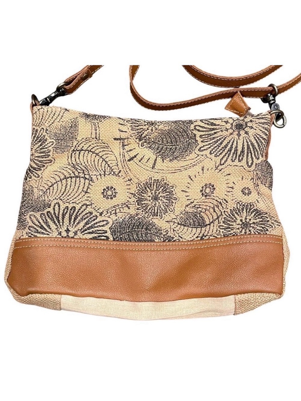 Myra Bags Burlap Floral Bag Tan Brown Crossbody Purse Woven Canvas Leather Boho